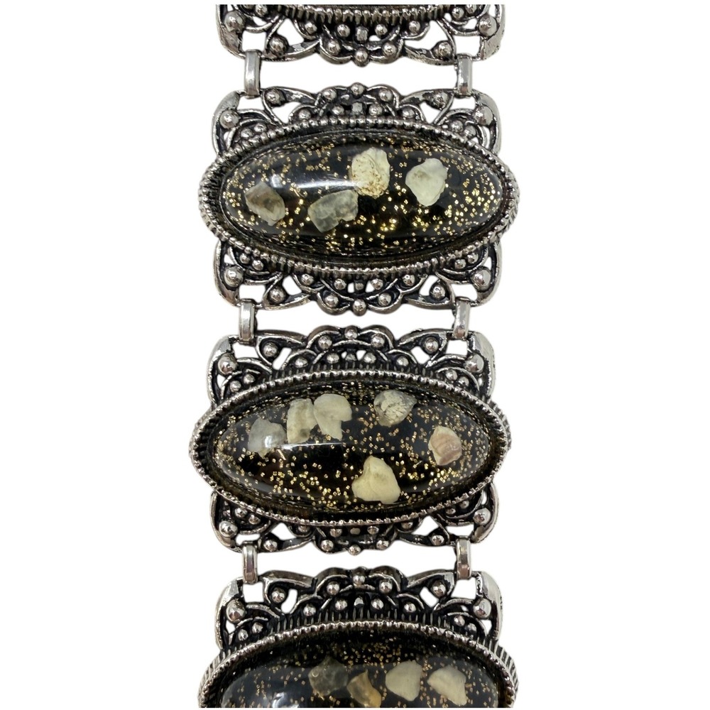 60s  Black Confetti Lucite Seashell Panel Bracelet Silver Tone Victorian Revival